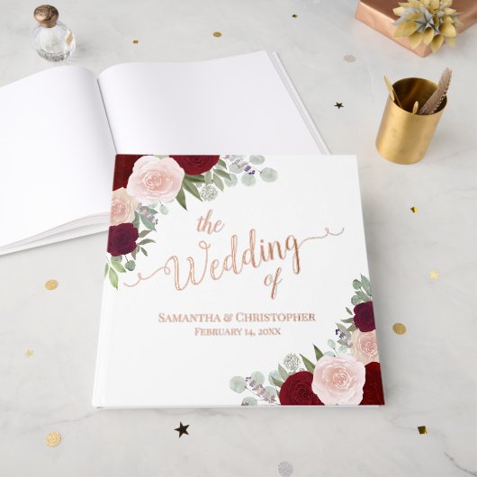 Elegante rode & roze Boho Rozen Folie bruiloft Gastenboek (Voorkant open)