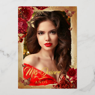 Elegante Rode Roze Gouden Bloemige Foto Quinceaner Folie Uitnodiging