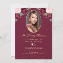 Elegante Rode Roze Gouden Foto Memorial Service Kaart