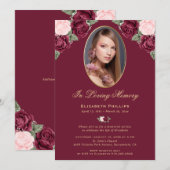 Elegante Rode Roze Gouden Foto Memorial Service Kaart (Voorkant / Achterkant)