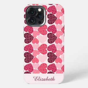 Elegante Rode Roze Puzzel Hart Patroon Naam iPhone 13 Pro Max Hoesje
