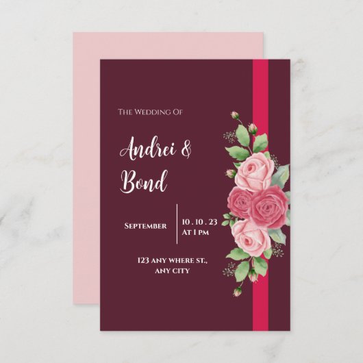 Elegante rode & roze rozen bruiloft kaart (Voorkant / Achterkant)
