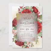 Elegante rode roze rozen foto bruiloft kaart (Voorkant)