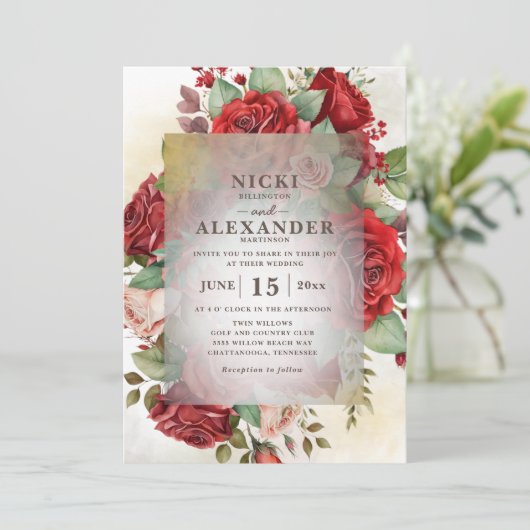 Elegante rode roze rozen foto bruiloft kaart (Staand voorkant)