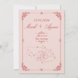 Elegante Rode Roze Trouw Handen Lijnkunst Kaart