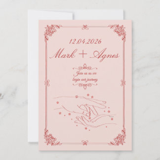 Elegante Rode Roze Trouw Handen Lijnkunst Kaart