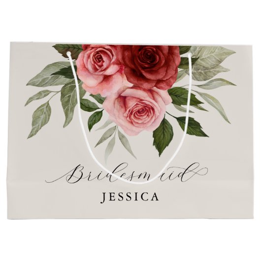 Elegante Rode Roze Waterverf Bloemen Bruidsmeisje Groot Cadeauzakje (Achterkant)