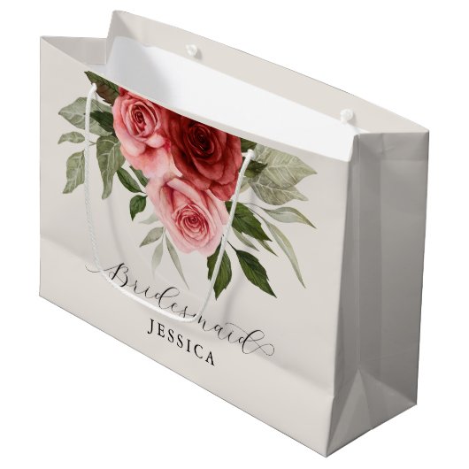 Elegante Rode Roze Waterverf Bloemen Bruidsmeisje Groot Cadeauzakje (Voorkant Gekanteld)