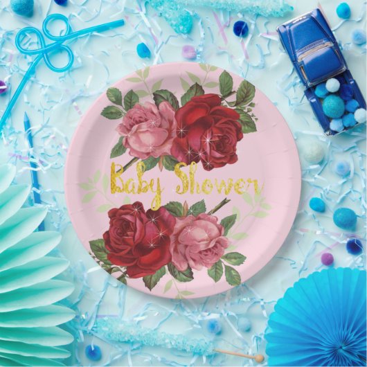 Elegante, rode rozen, baby shower, papieren borden papieren bordje (Feest)