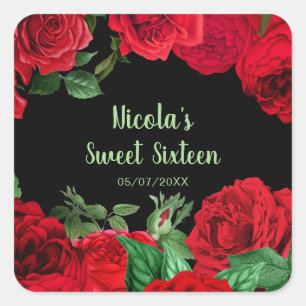 Elegante rode rozen bloemen Sweet Sixteen Vierkante Sticker