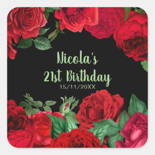 Elegante rode rozen bloemen verjaardagsfeestje vierkante sticker