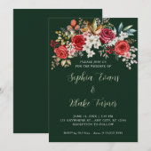 Elegante rode rozen bloemendonkergroene bruiloft kaart (Voorkant / Achterkant)