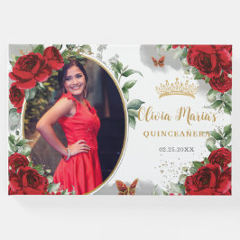 Elegante rode rozen bloemengoud quinceanera foto gastenboek