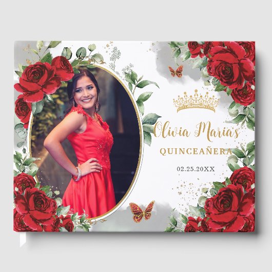 Elegante rode rozen bloemengoud quinceanera foto gastenboek (Voorkant)