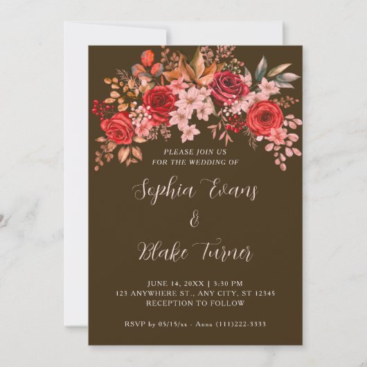 Elegante Rode Rozen Bloemige Mocha Bruine Bruiloft Kaart (Voorkant)