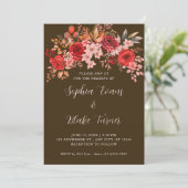 Elegante Rode Rozen Bloemige Mocha Bruine Bruiloft Kaart (Staand voorkant)