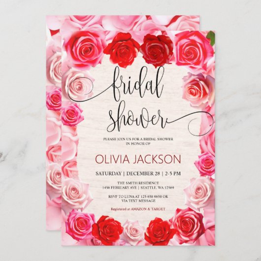Elegante rode rozen bruids douche uitnodiging (Voorkant / Achterkant)