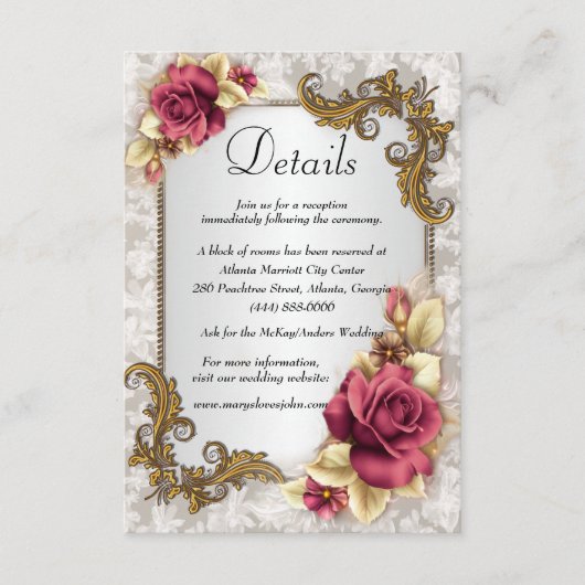 Elegante rode rozen bruiloft details informatiekaartje (Voorkant)