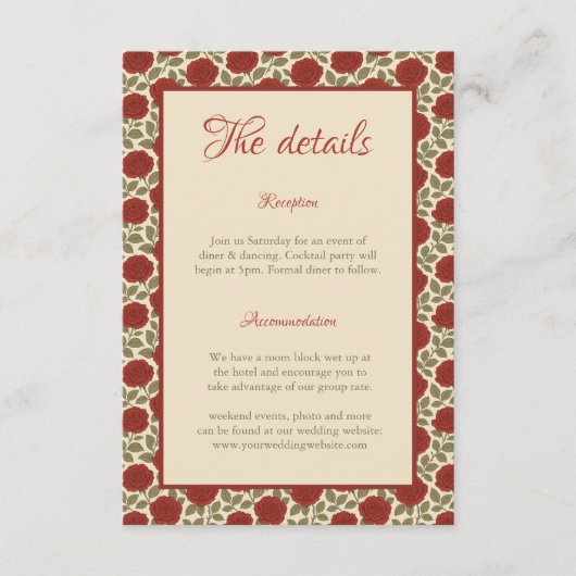Elegante rode rozen bruiloft details informatiekaartje (Voorkant)