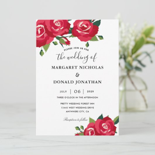 Elegante rode rozen bruiloft kaart (Staand voorkant)