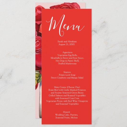 Elegante rode rozen bruiloft menu (Voorkant / Achterkant)