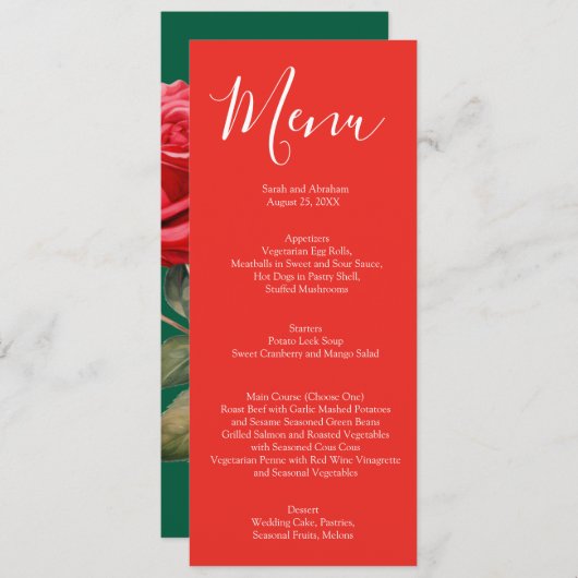 Elegante rode rozen bruiloft menu (Voorkant / Achterkant)
