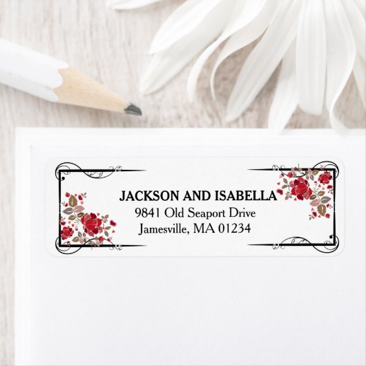 Elegante rode rozen bruiloft retour adres labels (Insitu)
