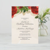 Elegante Rode Rozen Champagne Verjaardagsuitnodigi Kaart (Staand voorkant)