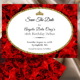 Elegante rode rozen en gouden 18e verjaardag debuu save the date