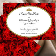 Elegante rode rozen en gouden Quinceanera