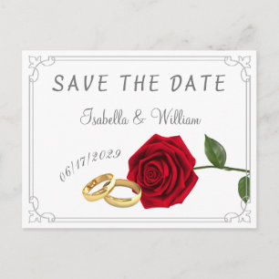 Elegante rode rozen en ringen bruiloft Save the Da Briefkaart
