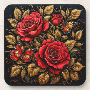 Elegante rode rozen en vlinders bier onderzetter