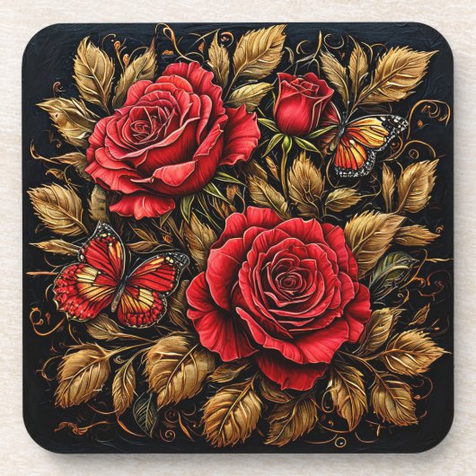 Elegante rode rozen en vlinders bier onderzetter (Voorkant)