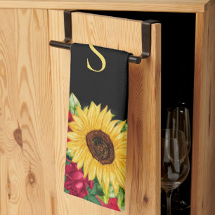 Elegante rode rozen Gele zonnebloemen Zwart monogr Theedoek