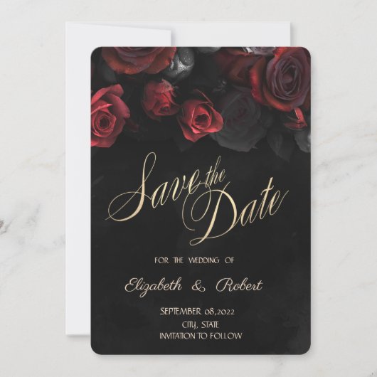 Elegante rode rozen Gothic zwart Save the Date (Voorkant)