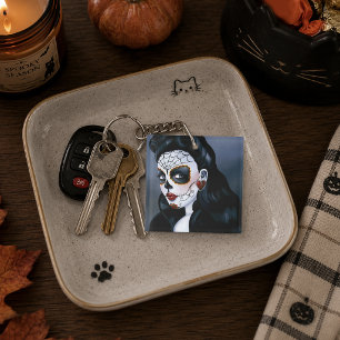 Elegante Rode Rozen Gotische Suiker Schedel Vrouw Sleutelhanger