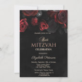 Elegante rode rozen Gotische vleermuis Mitzvah Kaart (Voorkant)