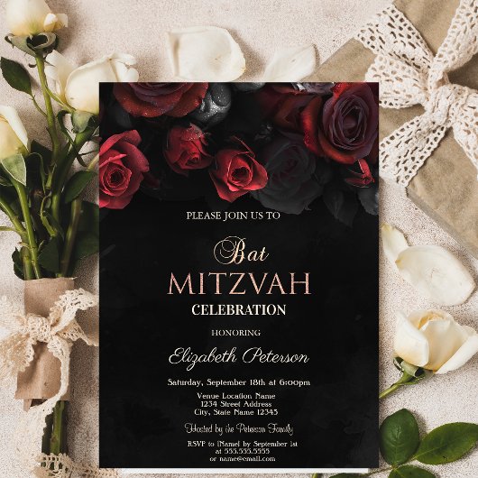 Elegante rode rozen Gotische vleermuis Mitzvah Kaart