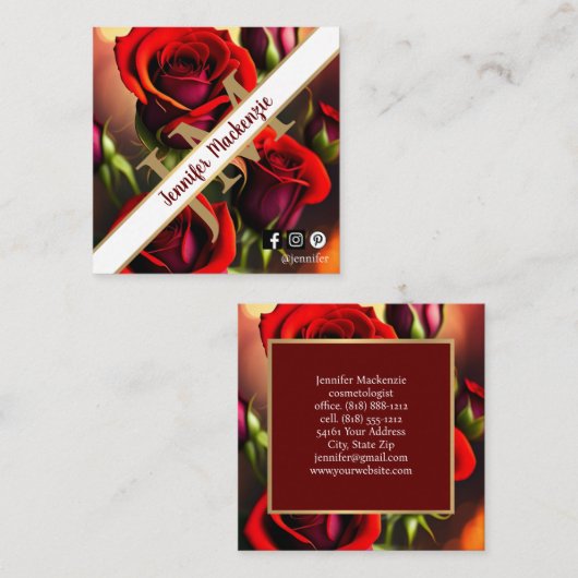 Elegante rode rozen goud vierkante visitekaartje (Voorkant / Achterkant)