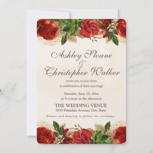 Elegante rode  Rozen gouden huwelijksuitnodiging Kaart (Voorkant)