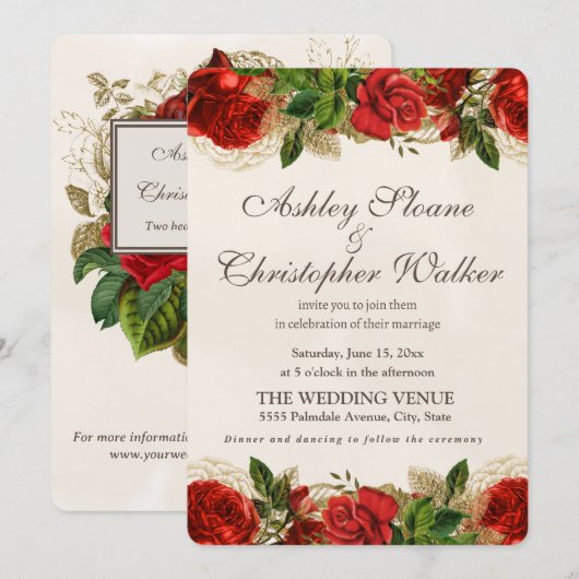 Elegante rode Rozen gouden huwelijksuitnodiging Kaart (Voorkant / Achterkant)