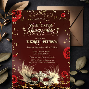 Elegante rode rozen gouden masker parels Sweet 16 Kaart