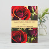 Elegante rode rozen gouden mooie bruiloft kaart (Staand voorkant)