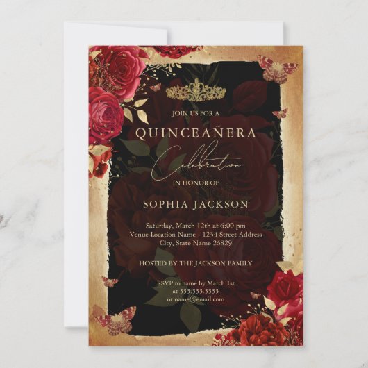 Elegante Rode Rozen Gouden Quinceanera Uitnodiging (Voorkant)