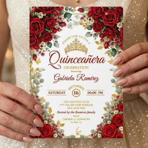 Elegante Rode Rozen Gouden Vlinders Quinceañera Kaart