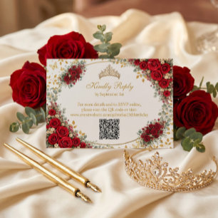 Elegante Rode Rozen Gouden Vlinders Quinceañera RSVP Kaartje