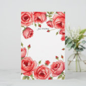 Elegante rode rozen grens met persoonlijk script briefpapier (Staand voorkant)