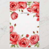 Elegante rode rozen grens met persoonlijk script briefpapier (Voorkant)
