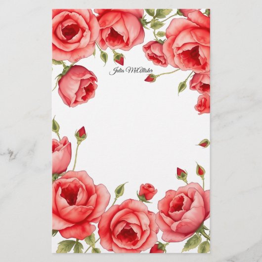 Elegante rode rozen grens met persoonlijk script briefpapier (Voorkant)
