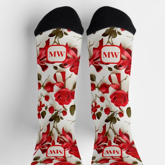 Elegante rode rozen linten bogen monogram sokken (Top)